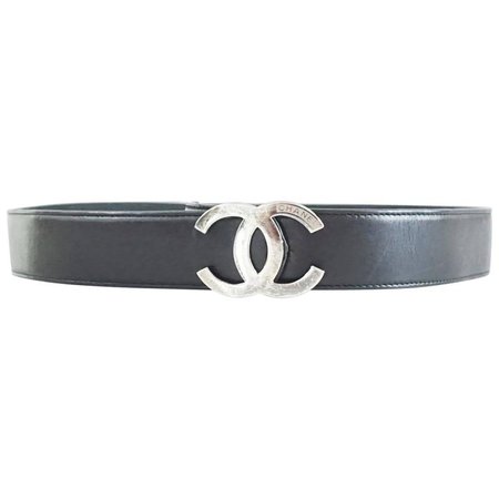 Chanel Black Leather Belt with Silver Logo Buckle - 32 | HushHush.com