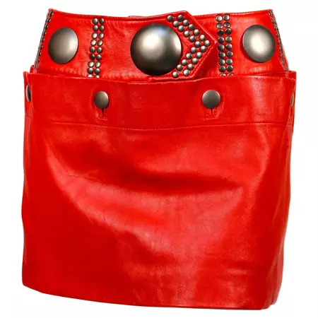 Issey Miyake unworn red leather mini skirt with oversized studs, 1980s For Sale at 1stDibs
