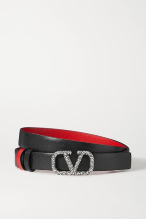 Black Valentino Garavani VLOGO crystal-embellished reversible textured-leather belt | Valentino | NET-A-PORTER