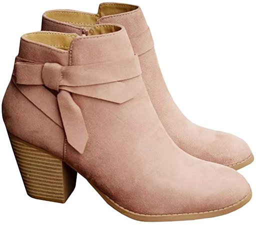 Amazon.com | PiePieBuy Women's Ankle Boots Tie Knot Closed Toe Side Zipper Stacked Heel Booties Shoes Beige | Ankle & Bootie