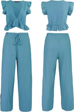 Amazon.com: FANCYINN Womens 2 Pieces Outfits Deep V Neck Crop Top Side Slit Drawstring Wide Leg Pants Set Jumpsuits Bluish Green M : Clothing, Shoes & Jewelry