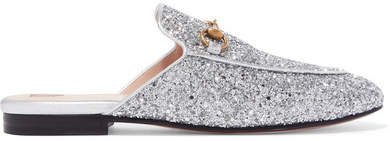 Princetown Horsebit-detailed Glittered Leather Slippers - Silver
