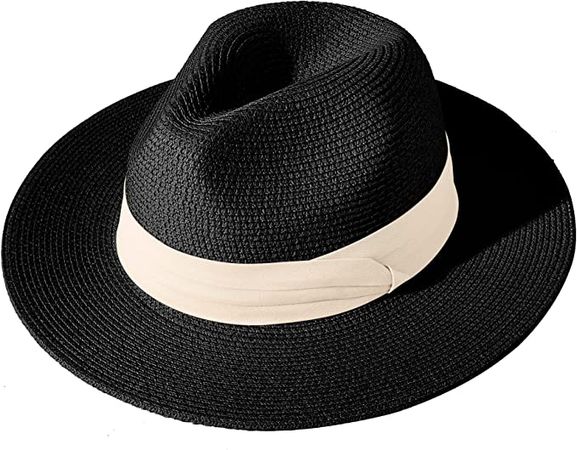 Lanzom Women Wide Brim Straw Panama Roll up Hat Fedora Beach Sun Hat UPF50+ (02-fold Belt Black)
