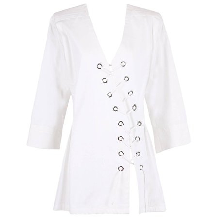 Yves Saint Laurent YSL White Safari "Saharienne" Dress w / Diagonal Lace Up Ties For Sale at 1stdibs