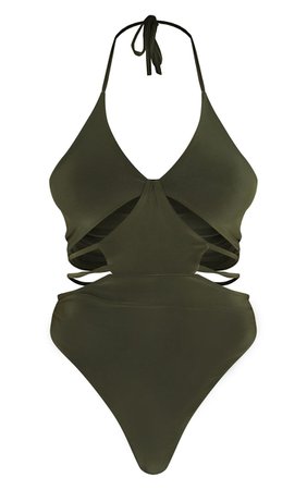 Olive Slinky Extreme Cut Out Detail Halterneck Bodysuit | PrettyLittleThing USA