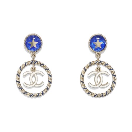 Metal, Glass & Resin Gold, Blue & White Earrings | CHANEL