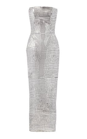 brandon maxwell Croc-Effect Foiled Leather Strapless Midi Dress By