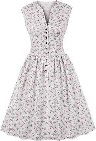 Amazon.com: Alloaone Little Flower Print Pink High Waist Vintage Dress Women Single Breasted V Neck Shirt Dress : Clothing, Shoes & Jewelry