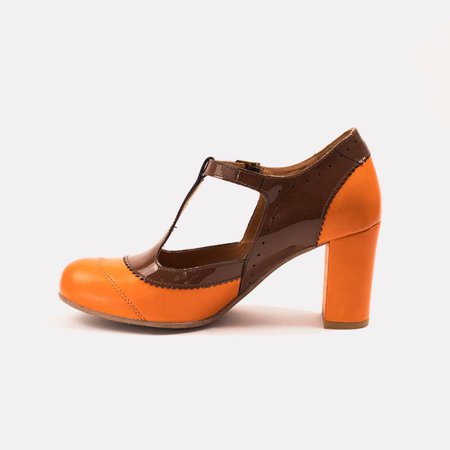 Zapatos de tacón Ada naranja y marrón, retro shoes de charol