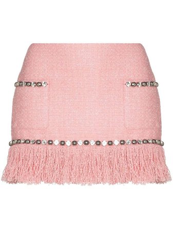 AREA Fringed tweed pink mini skirt