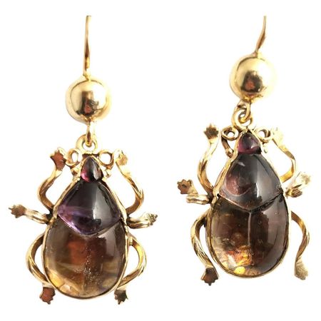Antique Victorian Beetle Earrings, 9k Gold, Egyptian Revival For Sale at 1stDibs