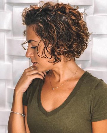 curly brown short hair, subtle highlights