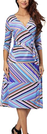 Aox Women Summer Casual 3/4 Sleeve Printed Plus Size Adjustable Tie Waist Beach Party Boho Midi Wrap Dress at Amazon Women’s Clothing store