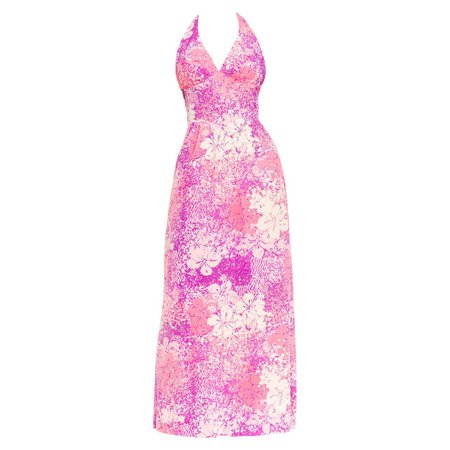 1970S Hot Pink and Purple Floral Poly Blend Jersey Halter Dress