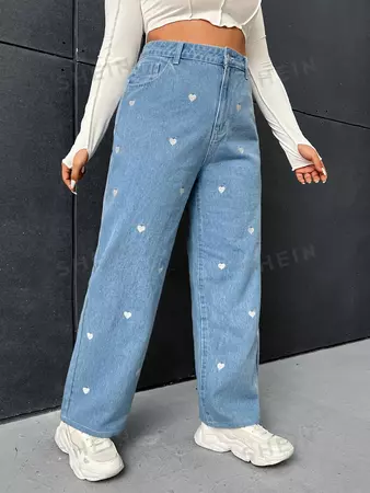 Heart Embroidery Straight Leg Jeans