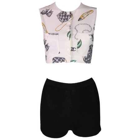 S/S 1996 Chanel Logo Lipstick Print Crop Top and High Waist Black Knit Shorts For Sale at 1stdibs