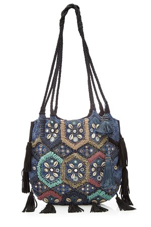 Embroidered and Embellished Tote Bag with Leather Gr. One Size