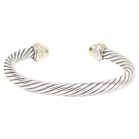 David Yurman Sterling Silver and 14 Karat Yellow Gold Cable Cuff Bracelet For Sale at 1stDibs