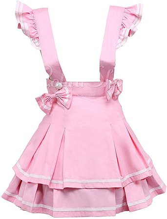 Antaina Pink Suspenders Cotton Layered Bow Pleated Lolita Skirt Short Dress,M at Amazon Women’s Clothing store
