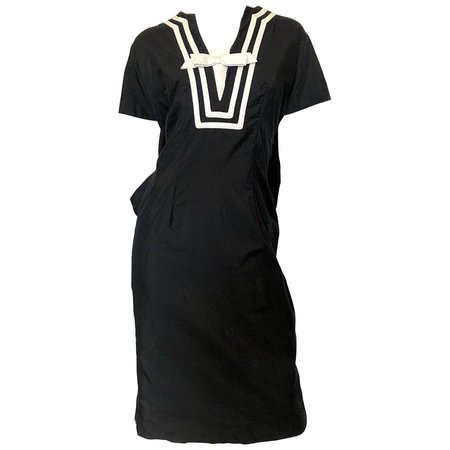 Suzy Perette 1950s Large Size Black and White Nautical Vintage 50s Cotton Dress For Sale at 1stdibs