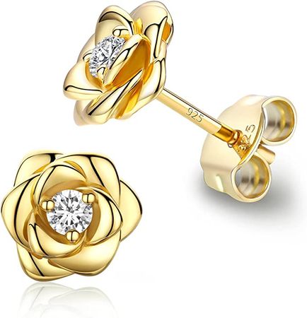 Amazon.com: Yellow Gold Plated Sterling Silver Rose Flower Earring Studs, Hypoallergenic & Nickel Free Earrings for Women: Clothing, Shoes & Jewelry
