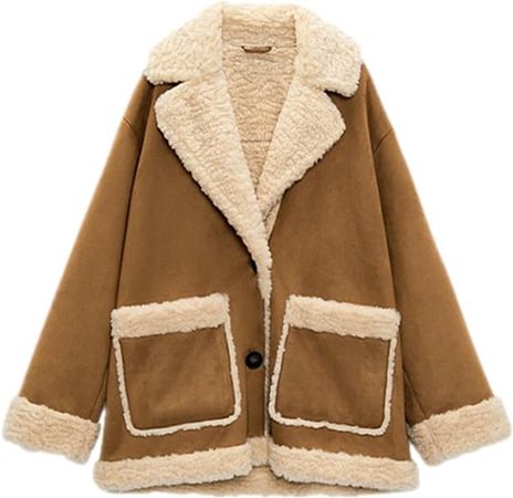 Lingjiazi Womens Winter Suede Sherpa Jacket Casual Long Sleeve Button Down Fleece Outwear Jacket Coat at Amazon Women's Coats Shop