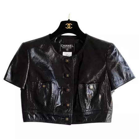 Iconic Chanel Vintage Spring 1995 Cropped Black Patent Leather 95P Jacket For Sale at 1stDibs