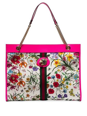 Gucci Neon Pink Leather Trim Floral Print Canvas Tote Bag - Farfetch