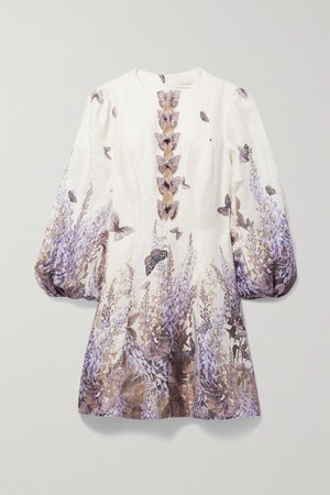 Luminous Cutout Appliqued Printed Linen Mini Dress - Ivory