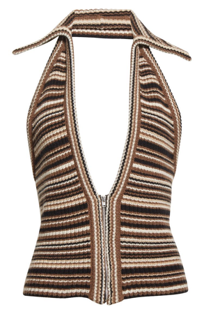 Stripe Plunge Neck Virgin Wool & Cashmere Zip Sweater ANNE ISABELLA