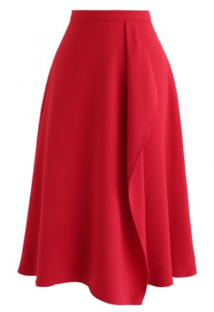 Asymmetric Flap Trim A-Line Midi Skirt in Red - NEW ARRIVALS - Retro, Indie and Unique Fashion