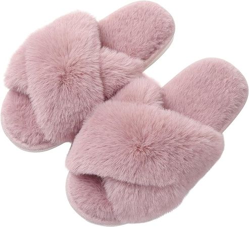 Amazon.com | Evshine Women's Fuzzy Slippers Cross Band Memory Foam House Slippers Open Toe Indoor Outdoor Shoes, Beige, Size 7-8 | Slippers