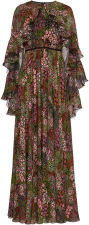 Cape-Effect Floral-Print Lace Gown