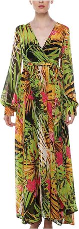 QIGUANDZ Women's 2024 Tropical Print Maxi Dress Hawaiian Puff Long Sleeve Wrap V Neck A-Line Dress Belted Flowy Beach Dresses at Amazon Women’s Clothing store