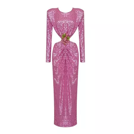 Tigpails - Long-Sleeve Sequined Floral Cutout Bodycon Evening Gown | YesStyle