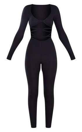 Black Glitter Stripe Long Sleeve Strappy Jumpsuit | PrettyLittleThing AUS