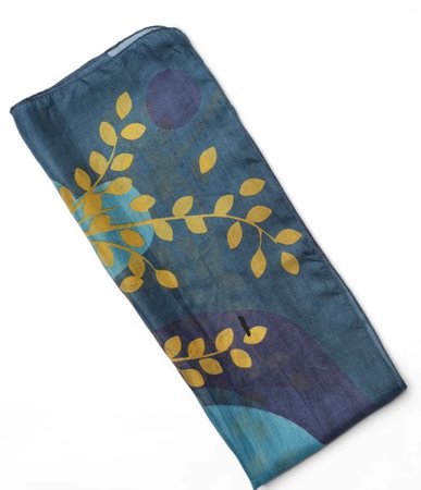 Silk yellow-teal leaf print scarf by Glamurous secrets