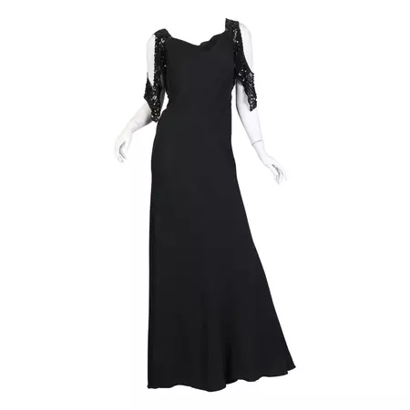 1930s Black Bias Cut Rayon Crepe Gown With Celluloid Sequin Peek-A-Boo Sleeves For Sale at 1stDibs | bias cut evening dress, 1930s dresses, bias cut evening gown