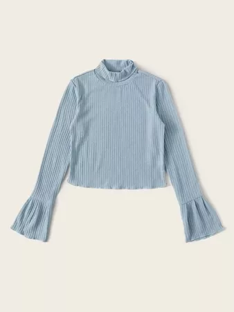 Rolled Neck Bell Sleeve Rib-knit Tee | SHEIN USA