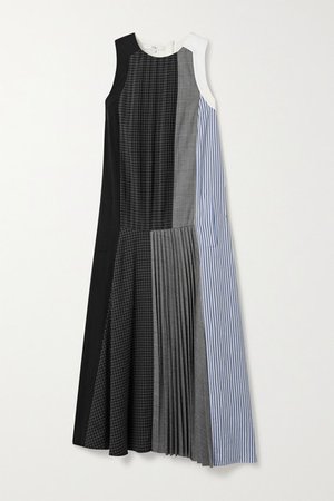 Paneled Pleated Printed Poplin Midi Dress - Navy