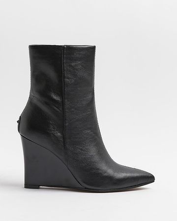 Black pointed toe wedge ankle boots | River Island