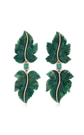 Double Leaf 18k Yellow Gold Jade, Emerald, Diamond Earrings By Casa Castro | Moda Operandi