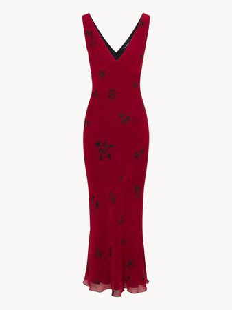Eva Passion | Sleeveless red floral silk maxi dress | Réalisation