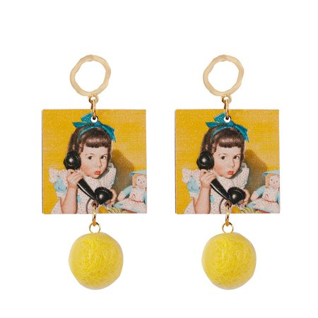 AENSOA Vintage Artistic Girl Oil Painting Wooden Drop Earrings For Women Ethnic Yellow Cotton Ball Long Statement Earring Gift-in Drop Earrings from Jewelry & Accessories on AliExpress