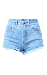 Plt Mid Blue Wash Frayed Hem Denim Shorts | PrettyLittleThing USA