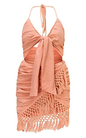 Peach Tie Bust Ring Tassel Trim Bodycon Dress | PrettyLittleThing USA