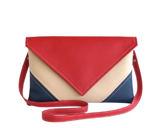 red beige and blue purse
