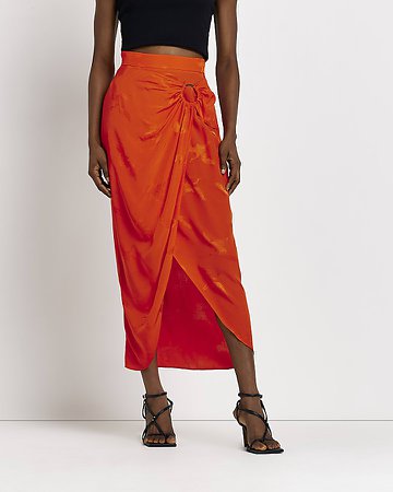 Orange wrap midi skirt | River Island