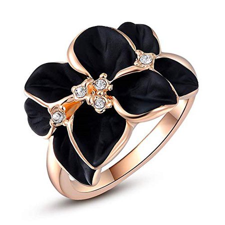 Rose Gold-Plated Copper Enamel and Zircon Flower Ring