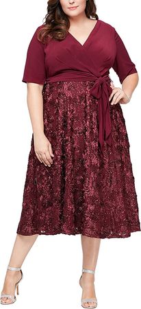 Alex Evenings Women's Plus Size Tea Length Dress with Rosette Detail at Amazon Women’s Clothing store